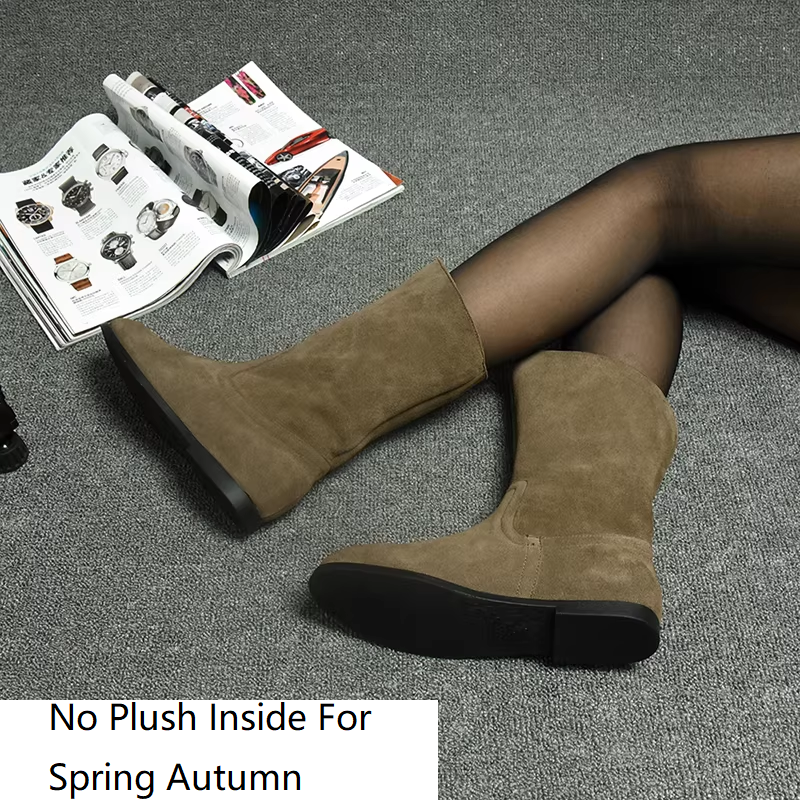 Spring Autumn British Style Retro Thick Low Heels Sewing Full Grain Leather Women Mid-Calf Equestrian Boots Winter Plush Inside 60306