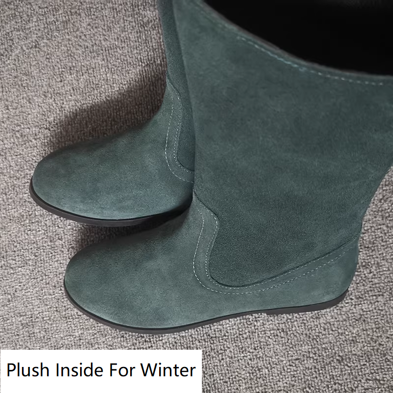 Spring Autumn British Style Retro Thick Low Heels Sewing Full Grain Leather Women Mid-Calf Equestrian Boots Winter Plush Inside 60306