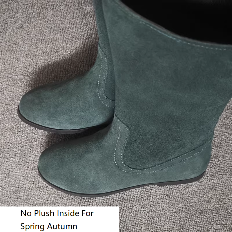 Spring Autumn British Style Retro Thick Low Heels Sewing Full Grain Leather Women Mid-Calf Equestrian Boots Winter Plush Inside 60306