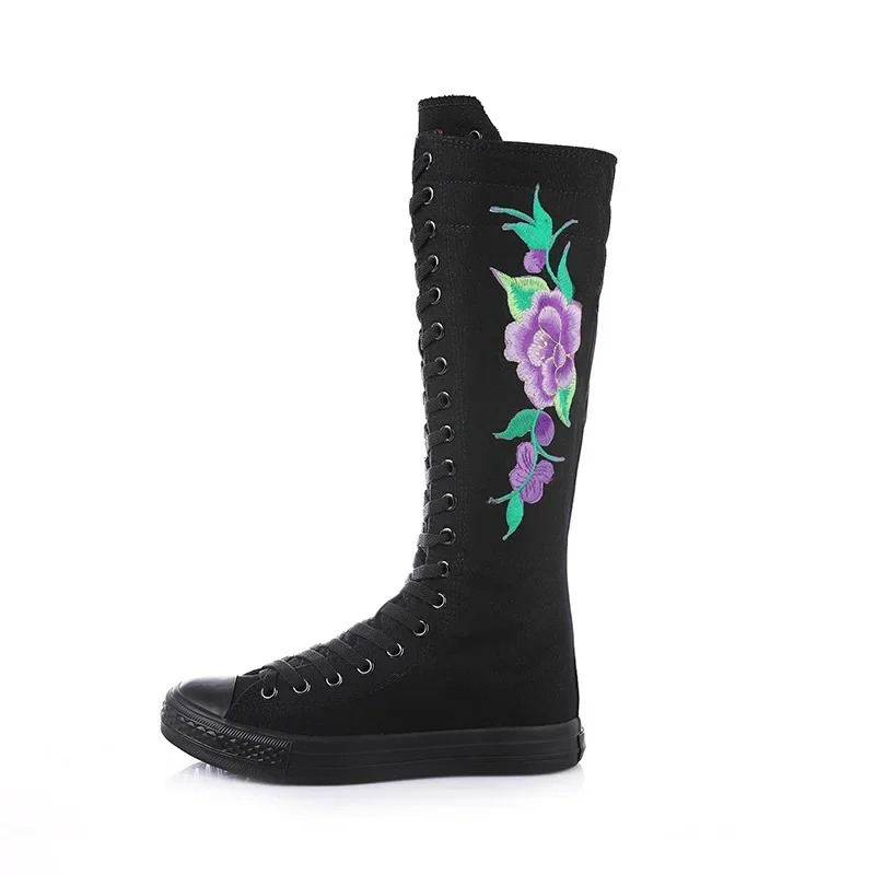 Women Dance Shoes Korean Style Slim Cross-tied Embroider Flowers Plus Size 42 43 Canvas Ladies Knee-High Long Equestrian Boots
