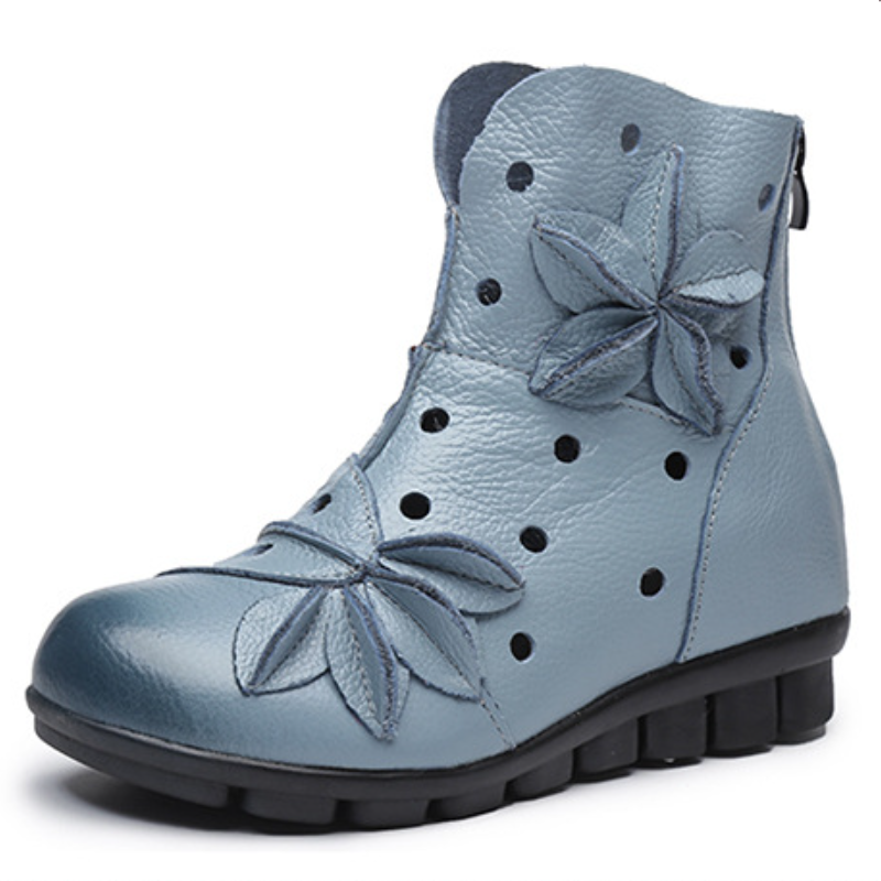 Spring Autumn Summer New Leisure Chunky Bottom Flowers Genuine Leather Cut Out Women Back Zipper High Top Short Equestrian Boots 60307
