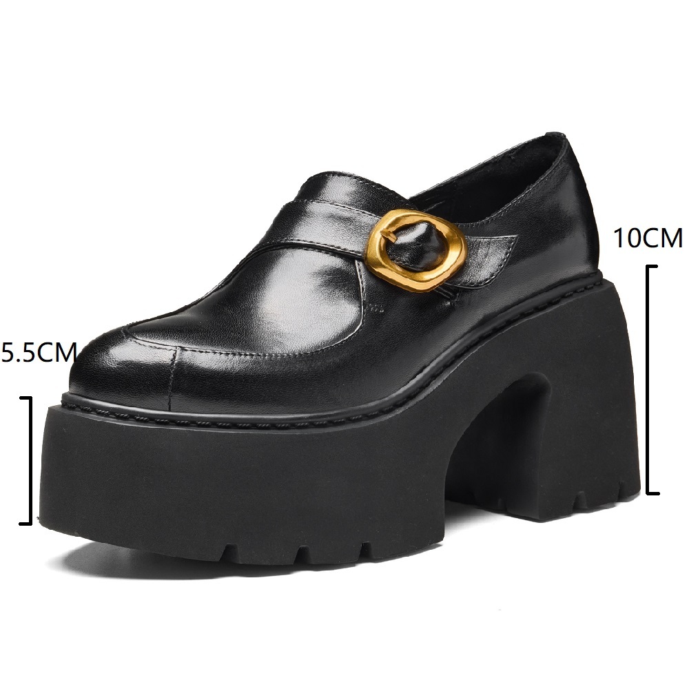 Genuine Leather British Pointed Toe 10 CM Block Heel Platform Slip-on Fashion Loafers Metal Buckle Sewing Spring Autumn Slim Casual Shoes 60308