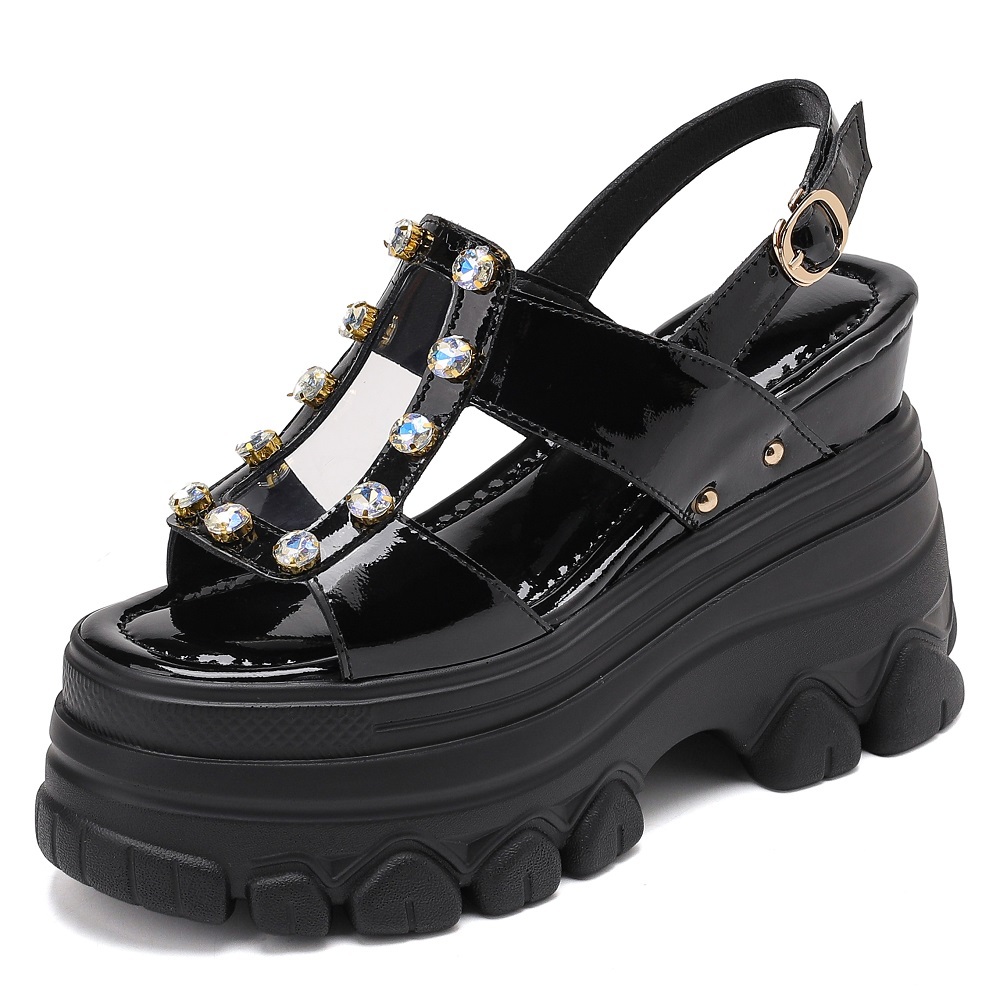 Women Summer New 12 CM Thick Sole Platform Sandals Genuine Leather Open Toe Cut Out Belt Buckle Rhinestones Slingbacks Shoes 60308