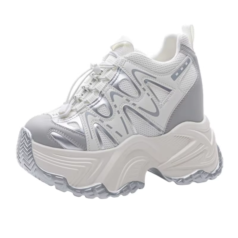 Women Spring Autumn New 13 CM Thick Sole Inner Height Increasing Shoes Elastic Band Genuine Leather Breathable Casual Sneakers 60308