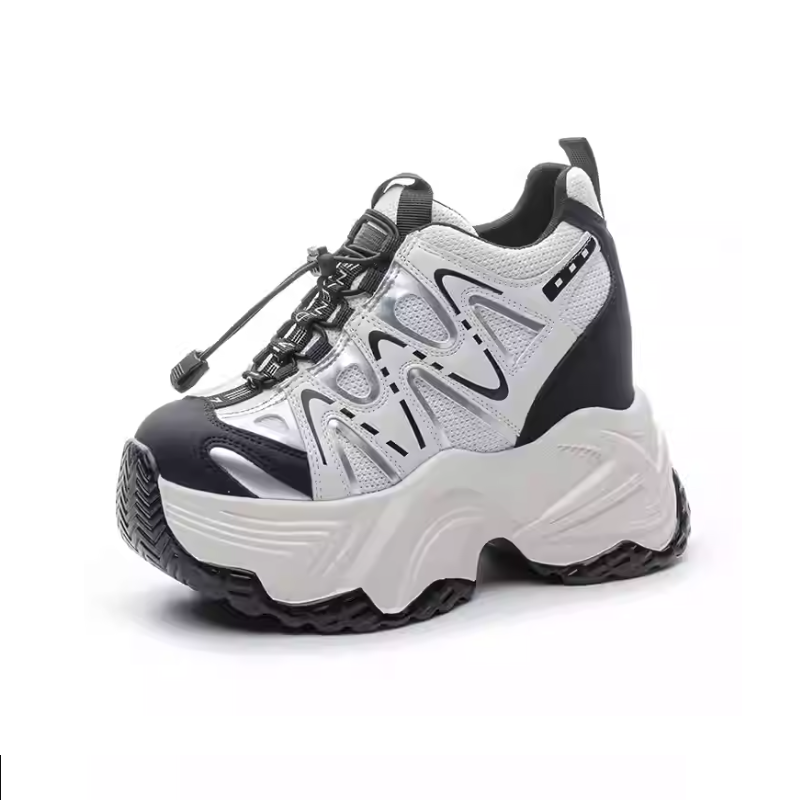 Women Spring Autumn New 13 CM Thick Sole Inner Height Increasing Shoes Elastic Band Genuine Leather Breathable Casual Sneakers 60308