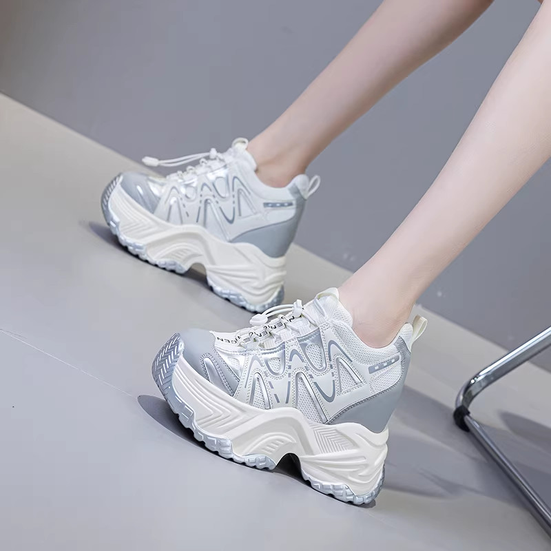 Women Spring Autumn New 13 CM Thick Sole Inner Height Increasing Shoes Elastic Band Genuine Leather Breathable Casual Sneakers 60308