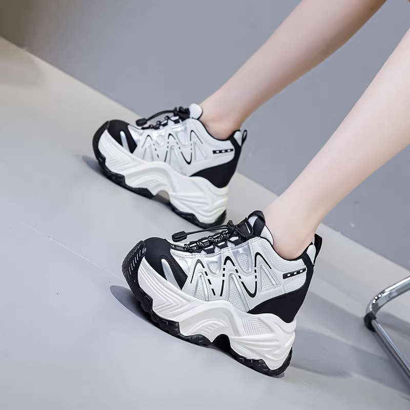 Women Spring Autumn New 13 CM Thick Sole Inner Height Increasing Shoes Elastic Band Genuine Leather Breathable Casual Sneakers 60308