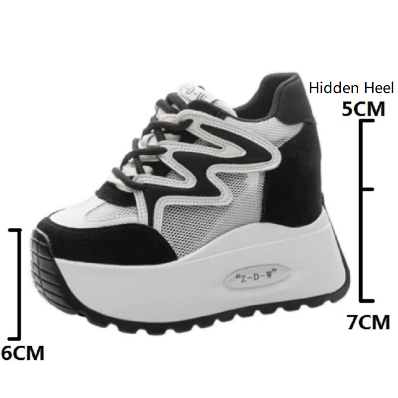 Women New Spring Summer Autumn 12 CM Thick Sole Inner Heightening 6 CM Platform Shoes Real Leather Mesh Lace Up Sneakers 60308