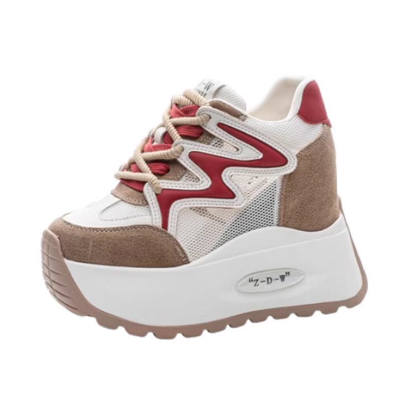 Women New Spring Summer Autumn 12 CM Thick Sole Inner Heightening 6 CM Platform Shoes Real Leather Mesh Lace Up Sneakers 60308
