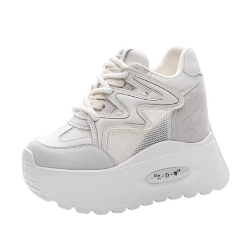 Women New Spring Summer Autumn 12 CM Thick Sole Inner Heightening 6 CM Platform Shoes Real Leather Mesh Lace Up Sneakers 60308