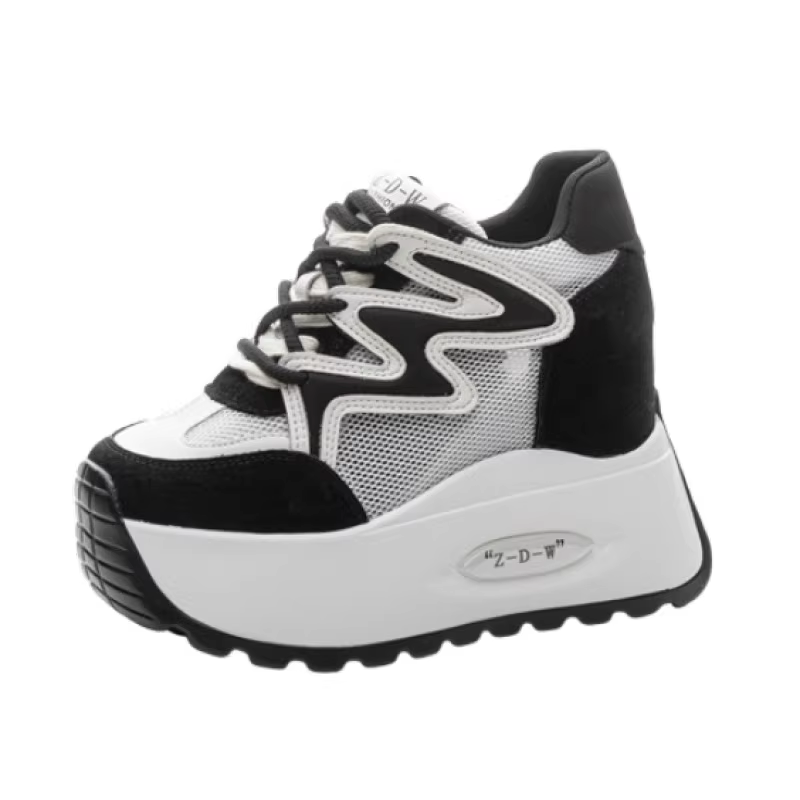 Women New Spring Summer Autumn 12 CM Thick Sole Inner Heightening 6 CM Platform Shoes Real Leather Mesh Lace Up Sneakers 60308