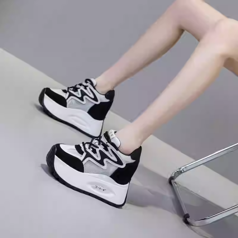 Women New Spring Summer Autumn 12 CM Thick Sole Inner Heightening 6 CM Platform Shoes Real Leather Mesh Lace Up Sneakers 60308