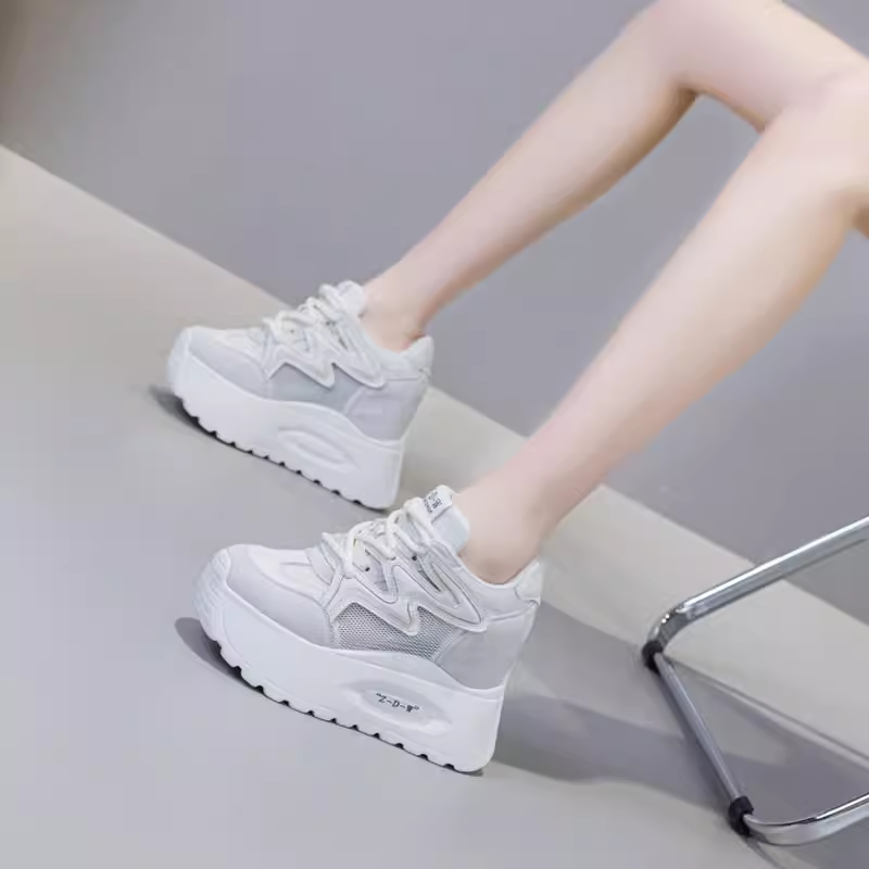 Women New Spring Summer Autumn 12 CM Thick Sole Inner Heightening 6 CM Platform Shoes Real Leather Mesh Lace Up Sneakers 60308