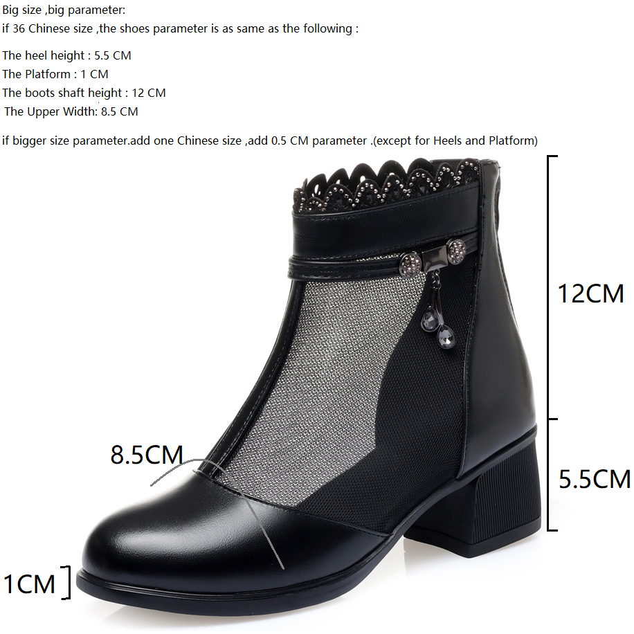 Summer New Fashion Thick Heels Peep Toe Metal String Bead Breathable Mesh Hollow Out Genuine Leather Crystals Women Ankle Short Modern Boots 60308