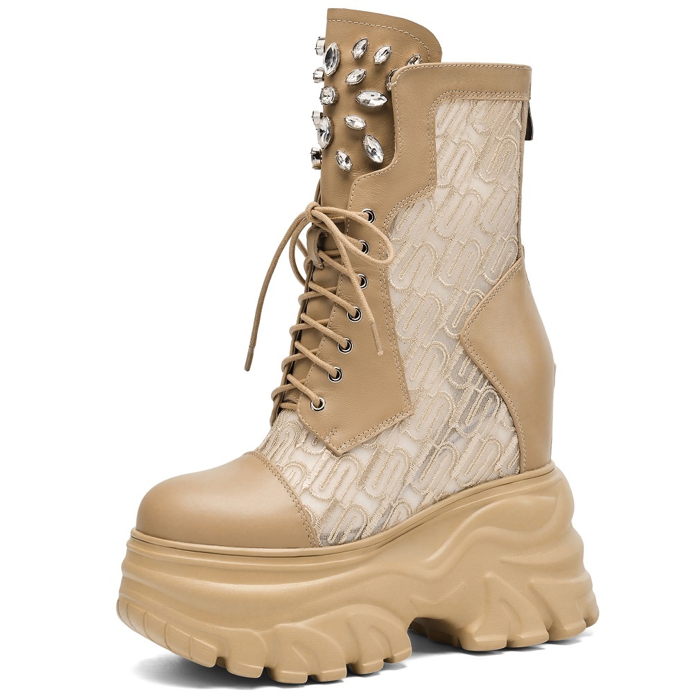 Summer New Slim 14 CM Height Increasing Platform Back Zipper Embroider Mesh Crystals Cross Tied Genuine Leather Women Ankle Short Modern Boots 60308