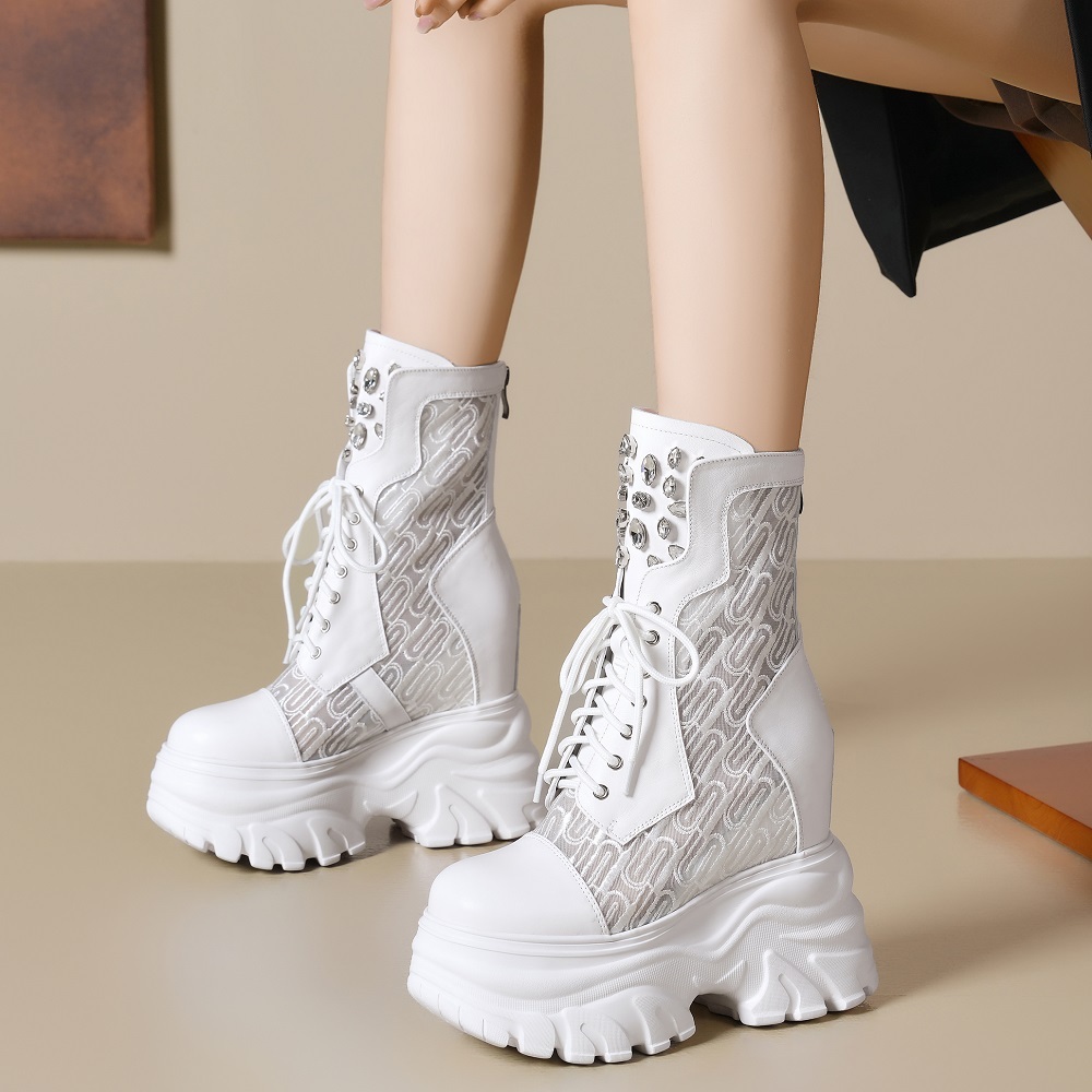 Summer New Slim 14 CM Height Increasing Platform Back Zipper Embroider Mesh Crystals Cross Tied Genuine Leather Women Ankle Short Modern Boots 60308