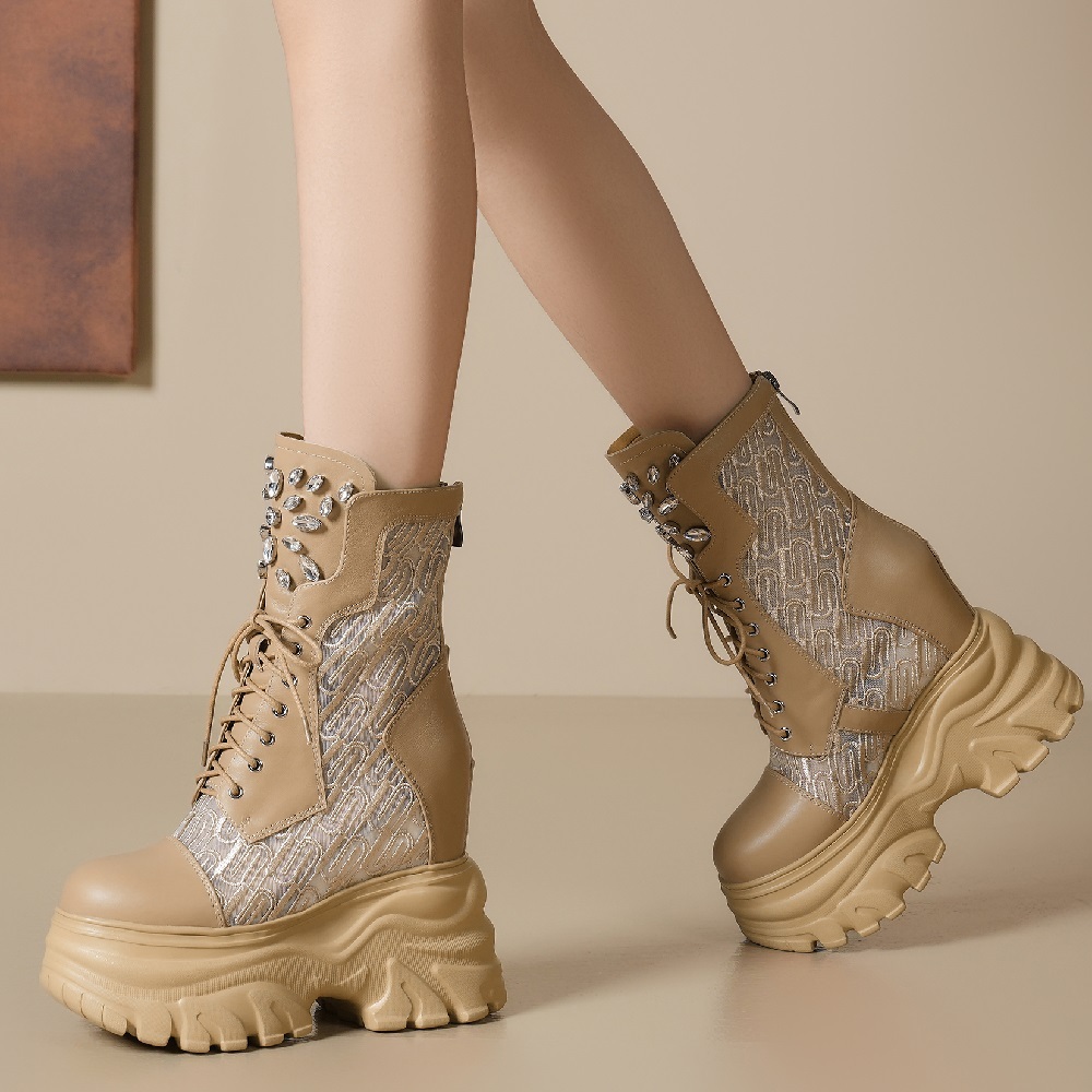 Summer New Slim 14 CM Height Increasing Platform Back Zipper Embroider Mesh Crystals Cross Tied Genuine Leather Women Ankle Short Modern Boots 60308