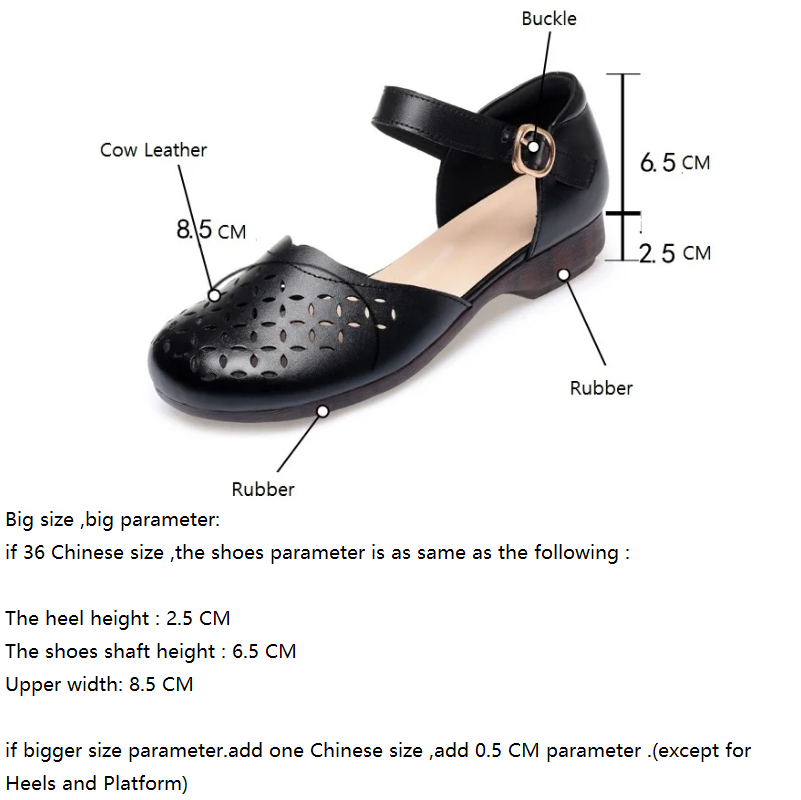 Summer New Fashion 2.5 CM High Heel Round Toe Flowers Cut- Out Buckle Strap Plus Size 42 43 Genuine Leather Low Cut Women  Sandals 60308