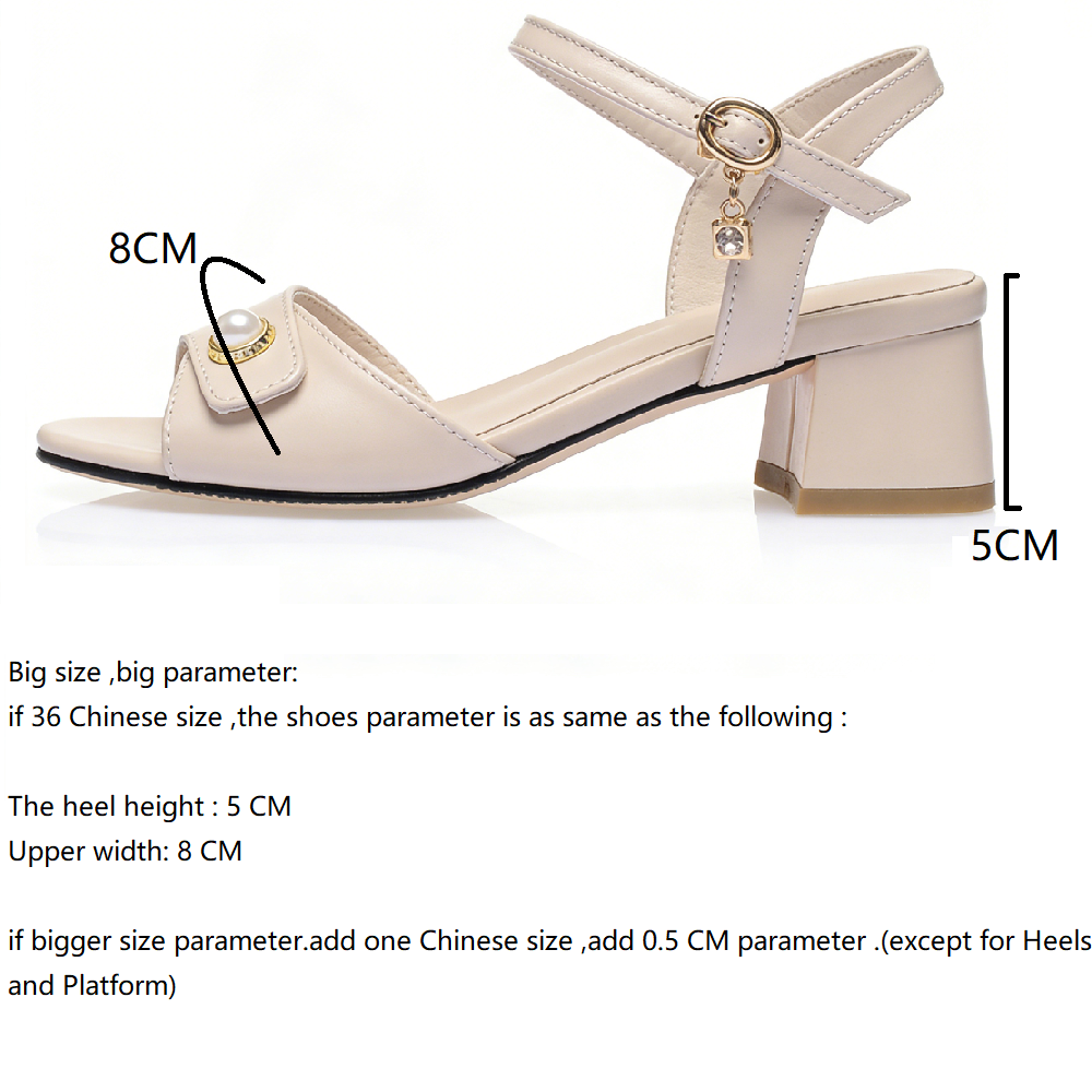 Summer New Fashion 5 CM High Heels Peep Toe Belt Buckle Crystal Pearl Plus Size 40 41 Genuine Leather Women Low Cut Sandals 60308