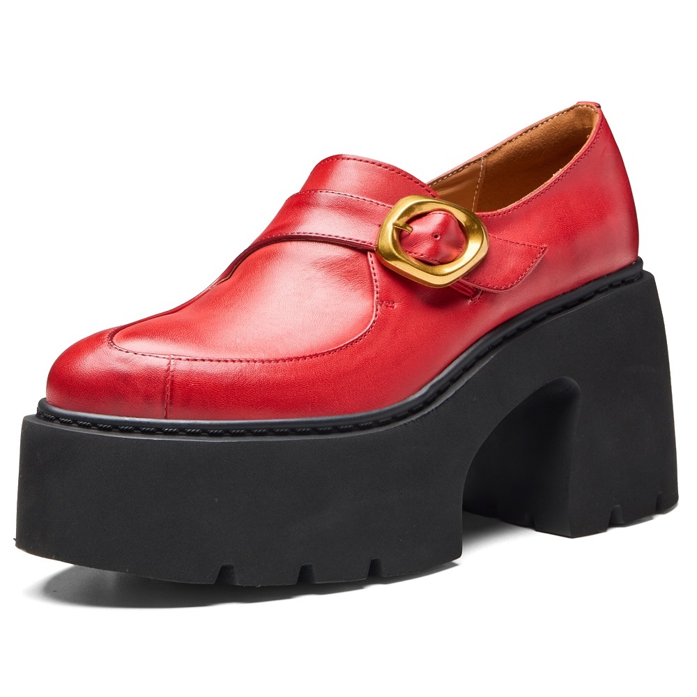 Genuine Leather British Pointed Toe 10 CM Block Heel Platform Slip-on Fashion Loafers Metal Buckle Sewing Spring Autumn Slim Casual Shoes 60308