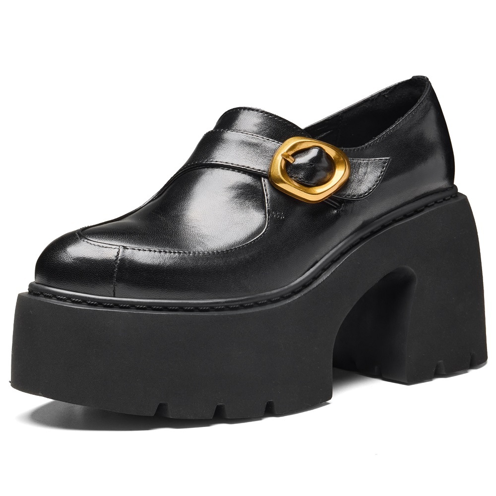 Genuine Leather British Pointed Toe 10 CM Block Heel Platform Slip-on Fashion Loafers Metal Buckle Sewing Spring Autumn Slim Casual Shoes 60308