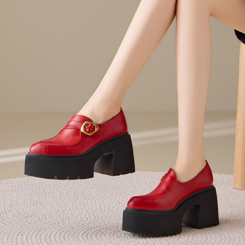 Genuine Leather British Pointed Toe 10 CM Block Heel Platform Slip-on Fashion Loafers Metal Buckle Sewing Spring Autumn Slim Casual Shoes 60308