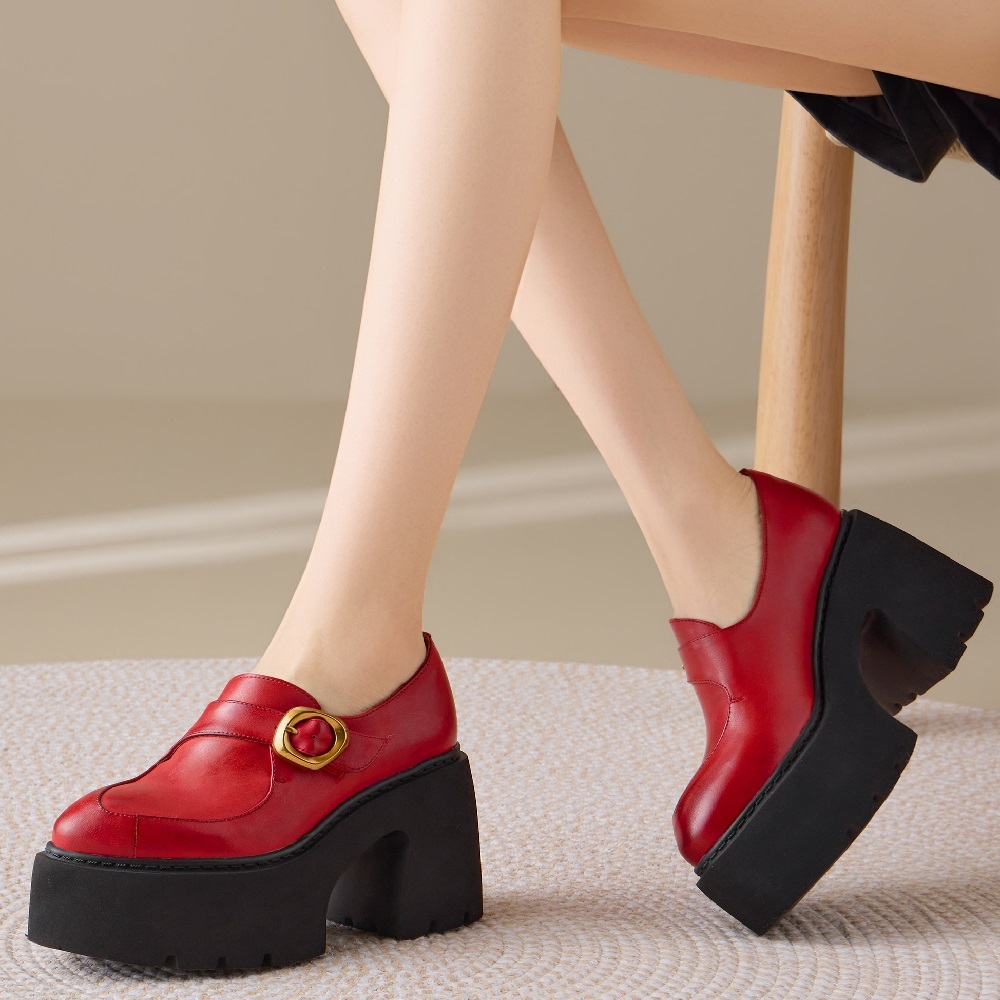 Genuine Leather British Pointed Toe 10 CM Block Heel Platform Slip-on Fashion Loafers Metal Buckle Sewing Spring Autumn Slim Casual Shoes 60308