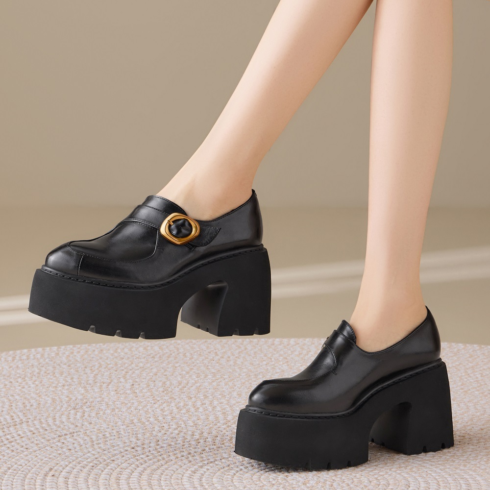 Genuine Leather British Pointed Toe 10 CM Block Heel Platform Slip-on Fashion Loafers Metal Buckle Sewing Spring Autumn Slim Casual Shoes 60308