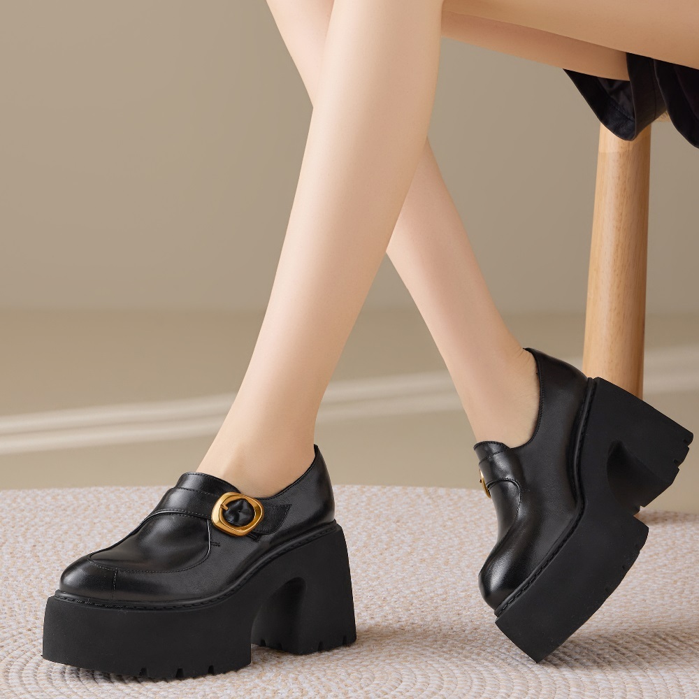 Genuine Leather British Pointed Toe 10 CM Block Heel Platform Slip-on Fashion Loafers Metal Buckle Sewing Spring Autumn Slim Casual Shoes 60308