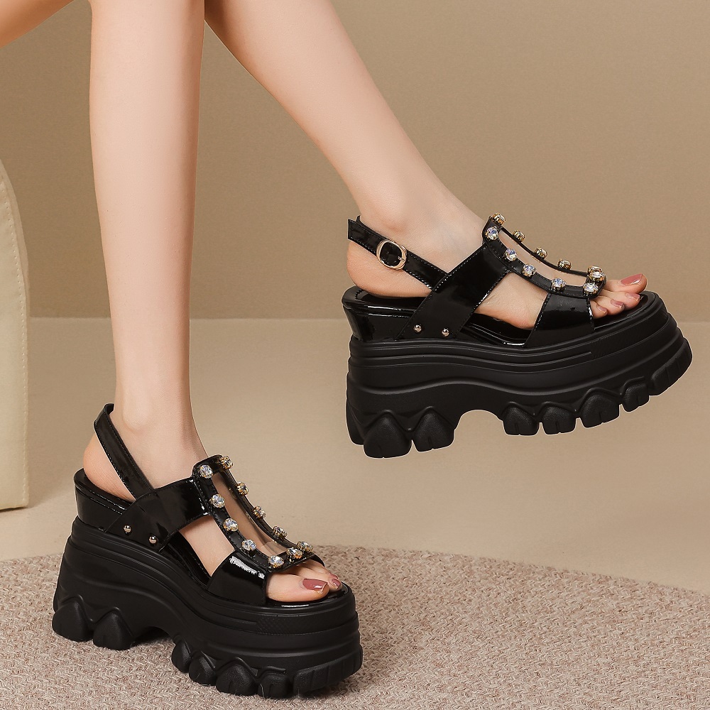Women Summer New 12 CM Thick Sole Platform Sandals Genuine Leather Open Toe Cut Out Belt Buckle Rhinestones Slingbacks Shoes 60308