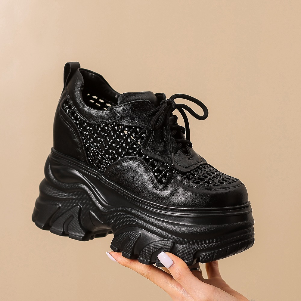 Women Spring Summer New 12 CM Thick Platform Sneakers Genuine Leather Woven Hollow Out Breathable Hidden Wedge Heel Casual Shoes 60308