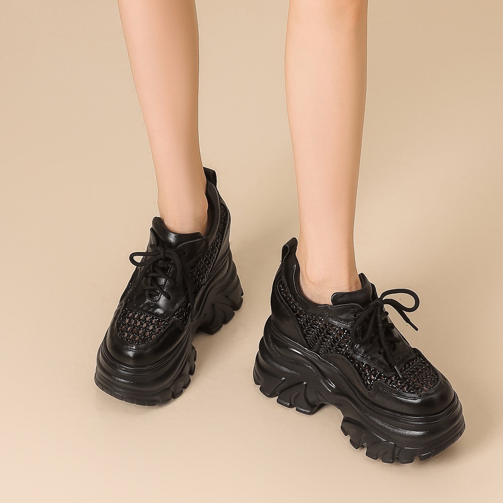 Women Spring Summer New 12 CM Thick Platform Sneakers Genuine Leather Woven Hollow Out Breathable Hidden Wedge Heel Casual Shoes 60308