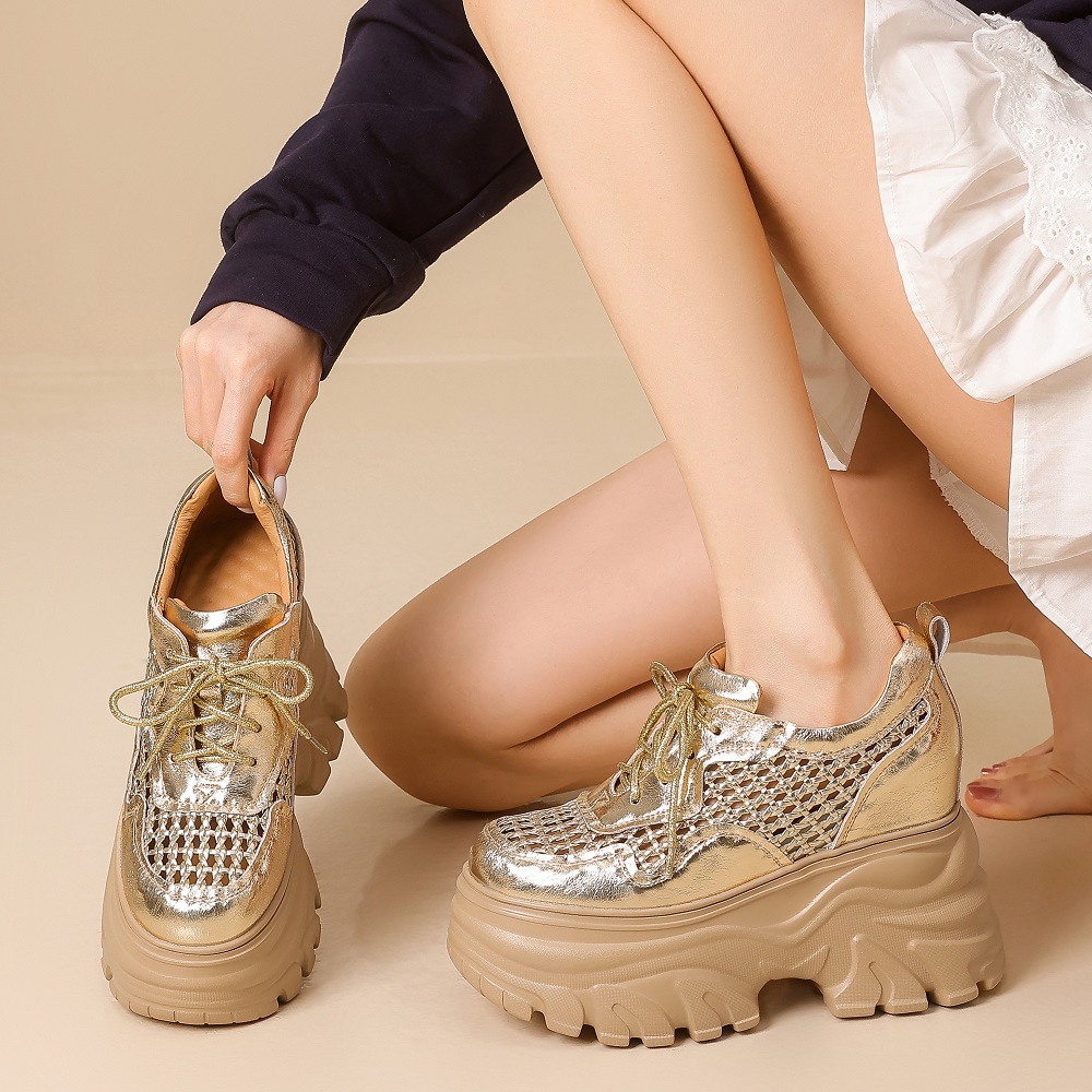 Women Spring Summer New 12 CM Thick Platform Sneakers Genuine Leather Woven Hollow Out Breathable Hidden Wedge Heel Casual Shoes 60308