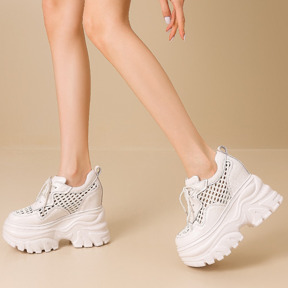 Women Spring Summer New 12 CM Thick Platform Sneakers Genuine Leather Woven Hollow Out Breathable Hidden Wedge Heel Casual Shoes 60308