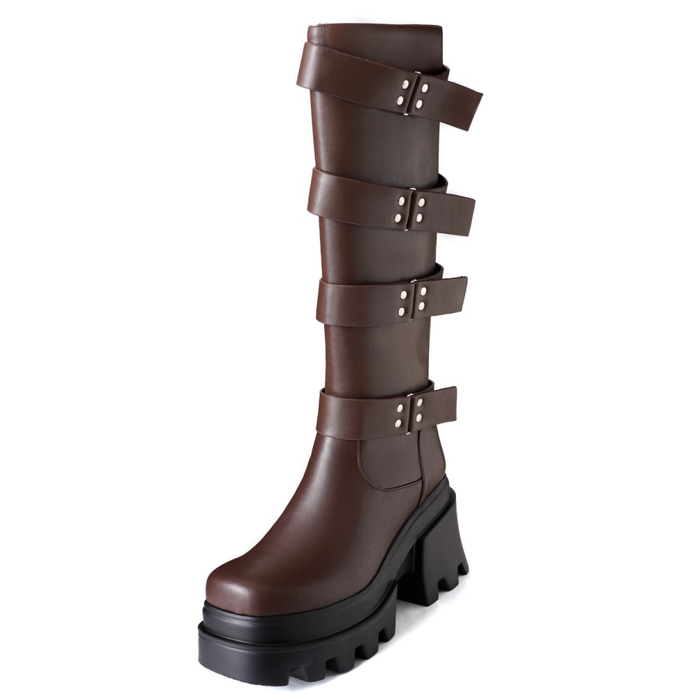 Spring Autumn New Punk 9 CM High Heels Square Toe Platform Belt Buckle Cow Leather Women Knee-High Equestrian Boots Winter Plush 60309