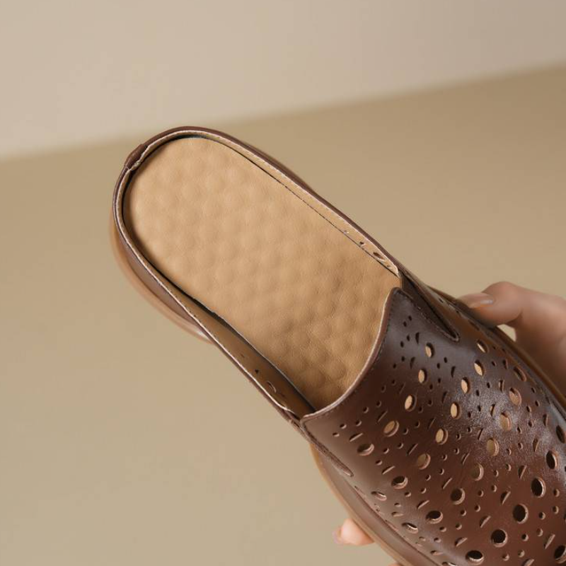 Women's Summer Fashion 9 CM Wedges Thick Platform Cut Out Breathable Closed The Toe Genuine Leather Mule Sandals Retro Open Back Slippers 60309