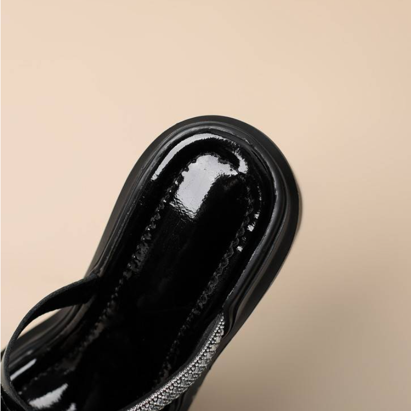 Women Summer New Genuine Patent Leather Rhinestones Sandals Slim 12 CM Platform Chunky Heel Cut Out Cross Straps Fashion Slippers 60309