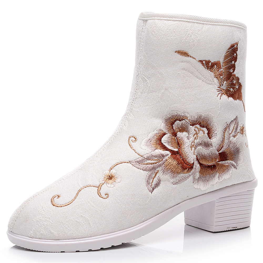 Spring Autumn New China Style Retro Thick Heels Embroider Zipper Sewing Canvas Chinese Style Women Ankle Short Equestrian Boots 60309
