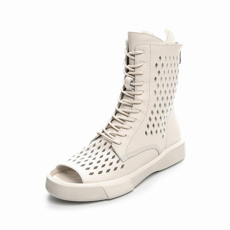 Summer New Fashion 3 CM Chunky Bottom Cross-tied Cut Out Back Zipper Genuine Leather Peep Toe Women Ankle Short Modern Gladiator Boots 60309