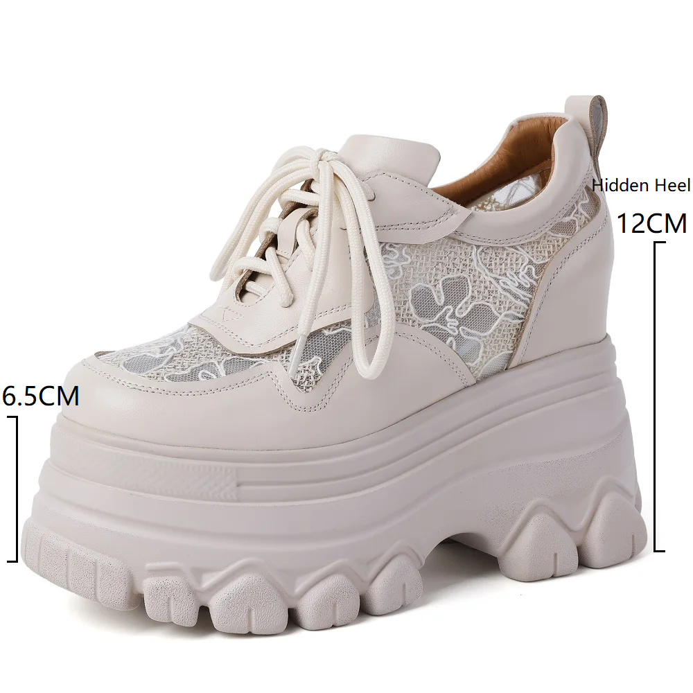 Spring Autumn New Korean Style Slim 12 CM Height Increasing Platform Wedges Embroidery Lace-Up Genuine Leather Women Casual Shoes 60309