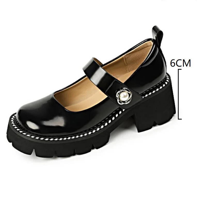 Spring Autumn New British Style Retro 6 CM High Heels Platform Pearl Hook Loop Belt Buckle Patent Leather Women Mary Janes Pumps 60309