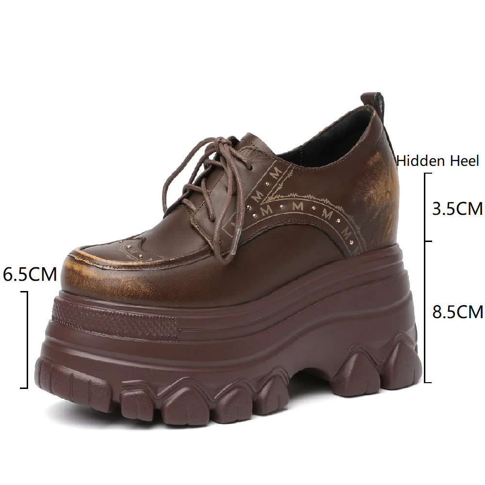 Spring Autumn New British Style Retro 12 CM Height Increasing Platform Wedges Rivets Lace-Up Genuine Leather Women Modern Pumps 60309
