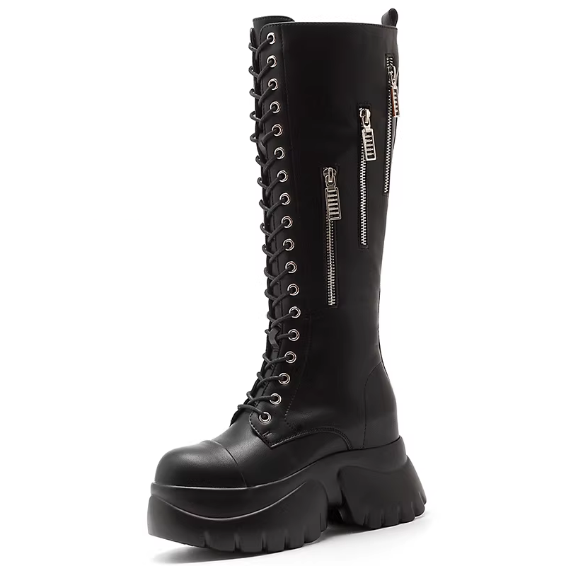 Spring Autumn Winter New Slim 10 CM Height Increasing Platform Wedges Cross-tied Zippers Genuine Leather Women Knee-High Modern Boots 60309