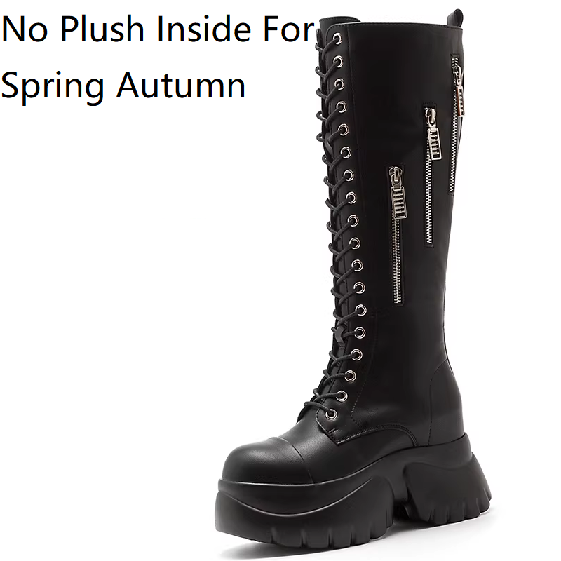 Spring Autumn Winter New Slim 10 CM Height Increasing Platform Wedges Cross-tied Zippers Genuine Leather Women Knee-High Modern Boots 60309