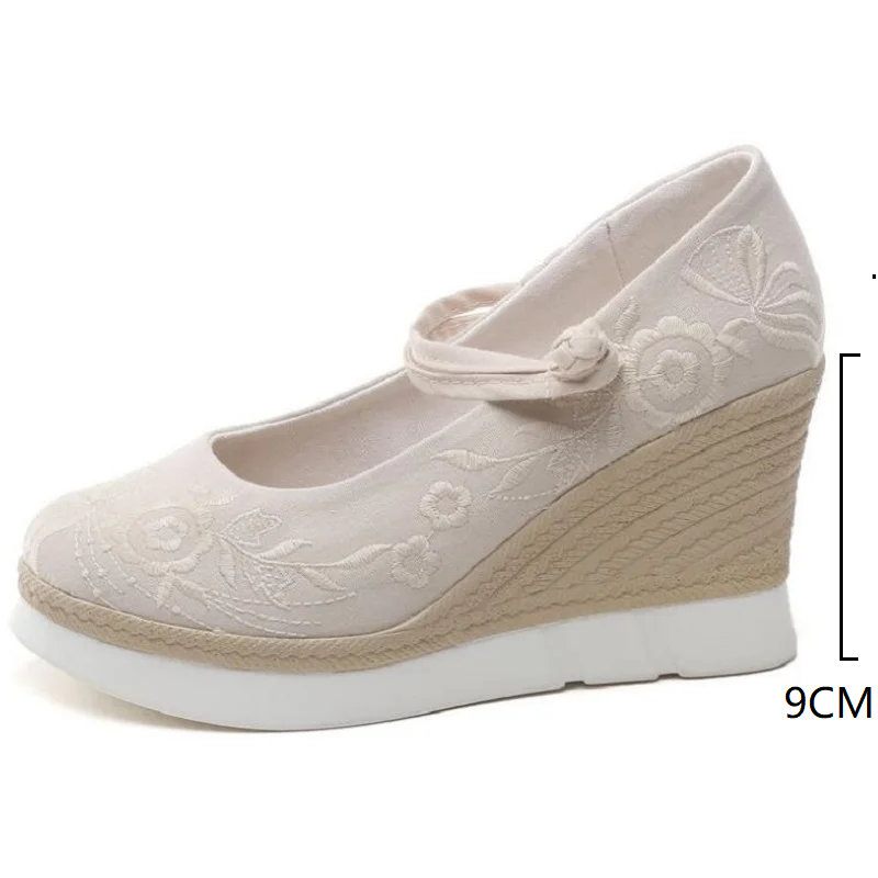 Spring Autumn New China Style Retro 9 CM Wedges Embroider Shallow Platform Buckle Strap Cotton Fabric Women Pumps Ladies Casual Shoes 60309