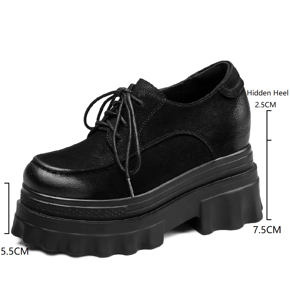 Spring Autumn New British Style Retro 9 CM Height Increasing Platform Wedges Sewing Lace-Up Genuine Leather Women Casual Pumps 60309