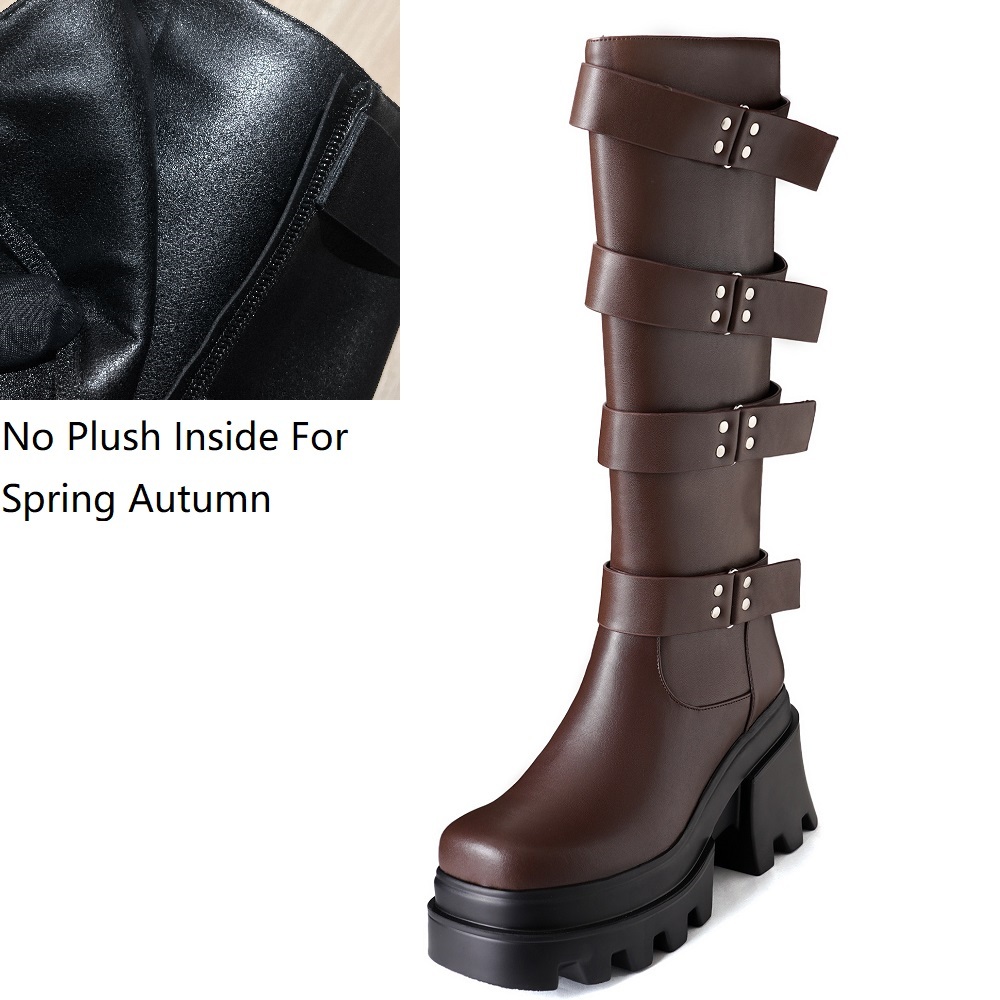 Spring Autumn New Punk 9 CM High Heels Square Toe Platform Belt Buckle Cow Leather Women Knee-High Equestrian Boots Winter Plush 60309