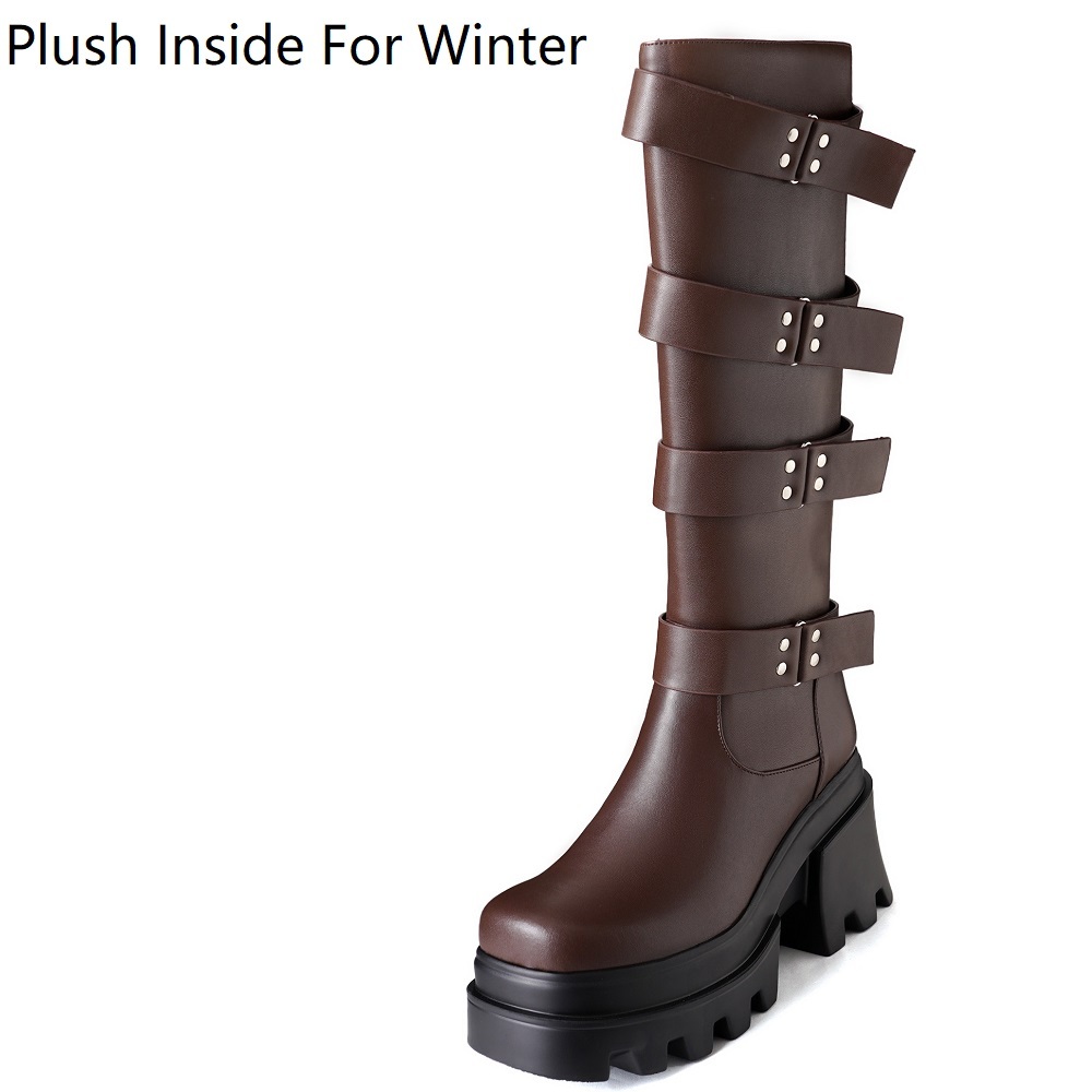 Spring Autumn New Punk 9 CM High Heels Square Toe Platform Belt Buckle Cow Leather Women Knee-High Equestrian Boots Winter Plush 60309