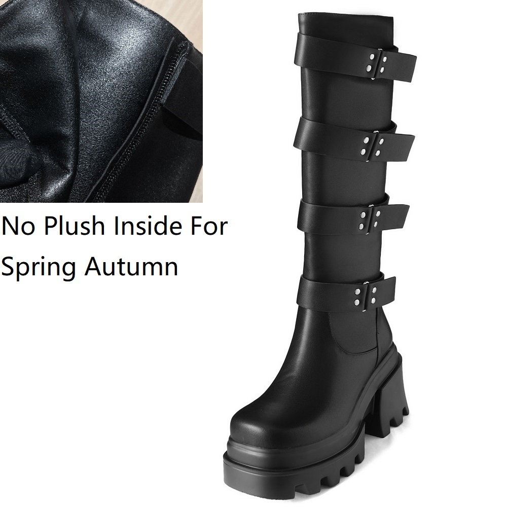 Spring Autumn New Punk 9 CM High Heels Square Toe Platform Belt Buckle Cow Leather Women Knee-High Equestrian Boots Winter Plush 60309