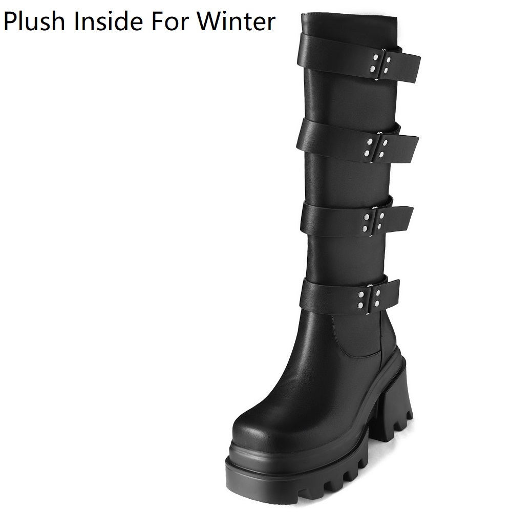 Spring Autumn New Punk 9 CM High Heels Square Toe Platform Belt Buckle Cow Leather Women Knee-High Equestrian Boots Winter Plush 60309